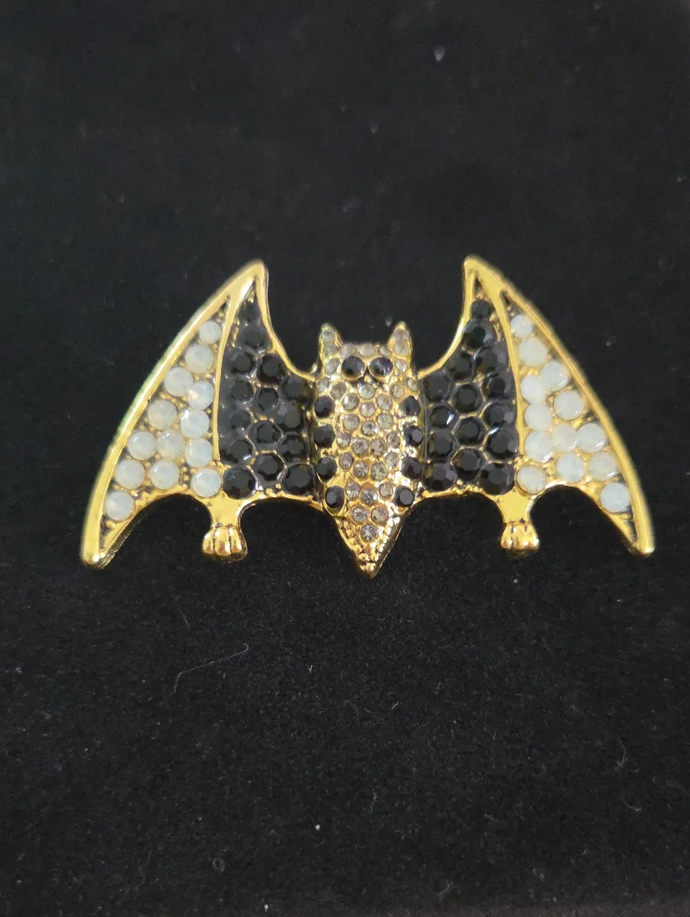 Gold Bat Wing Crystal Brooch - Black & White Accent